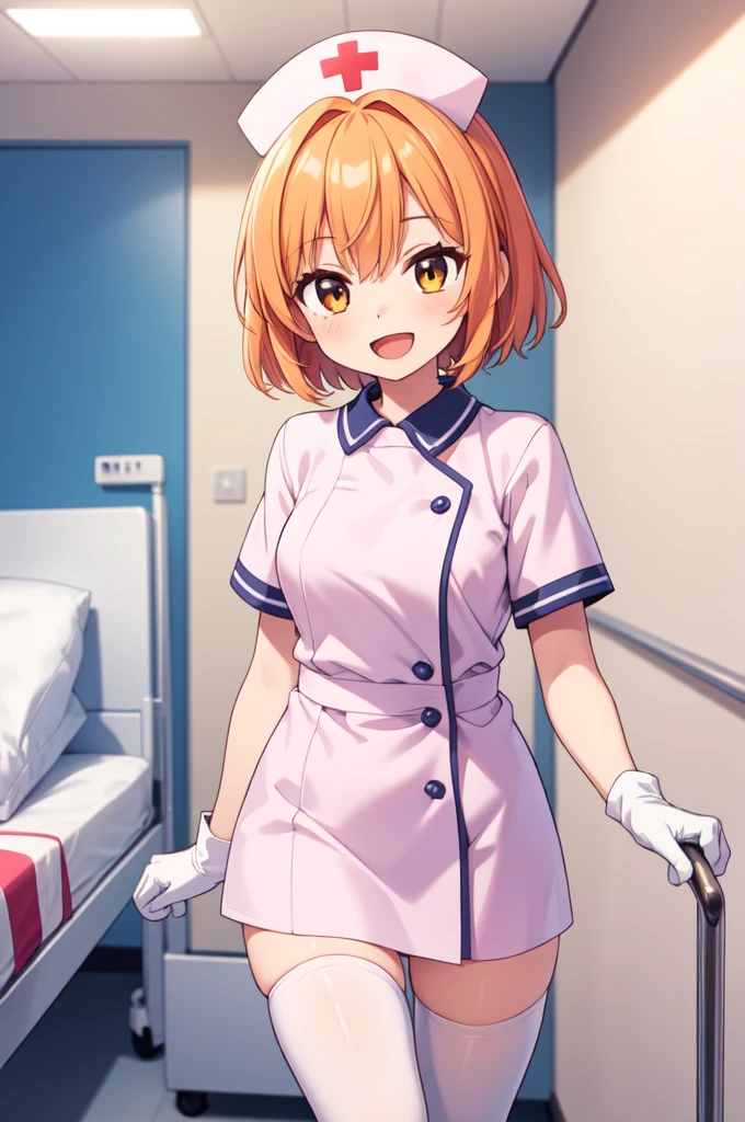 1girl, solo, nurse, nurse cap, white nurse uniform, ((white legwear, zettai ryouiki)), white gloves, very short hair, orange hair, smile, open mouth, standing, ((hospital room)), sharp outline, short sleeves, tomboy, boyish, best quality, masterpiece