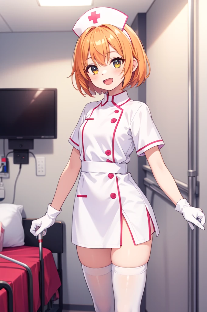 1girl, solo, nurse, nurse cap, white nurse uniform, ((white legwear, zettai ryouiki)), white gloves, very short hair, orange hair, smile, open mouth, standing, ((hospital room)), sharp outline, short sleeves, tomboy, boyish, best quality, masterpiece