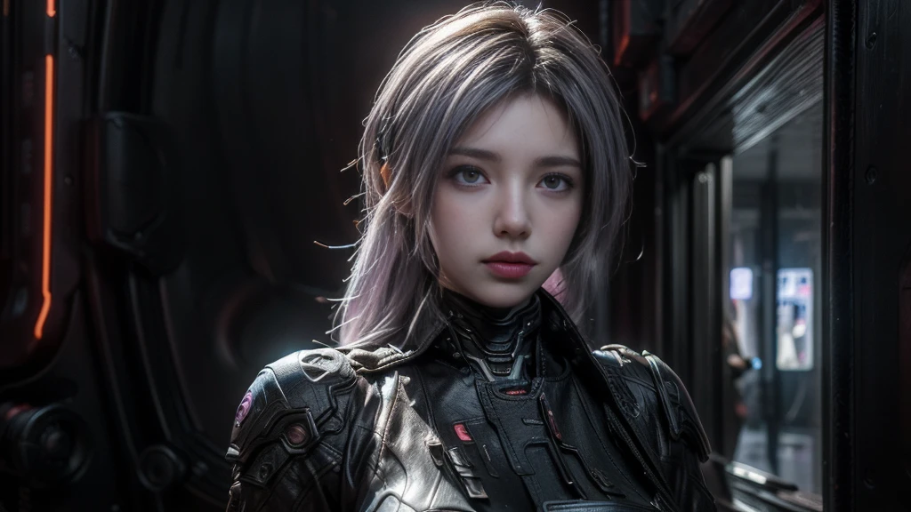 masterpiece,best quality,high resolution,8K,(Portrait Photos:1.5),(R Original Photo),The real situation,Digital Photography,(A fusion of cyberpunk and fantasy),(Female Soldiers),20 year old girl,Feel free to hairstyle,White hair，Purple Eyes，By Bangs,(Large Breasts, Accessories,shut your mouth,Elegant and charming,Serious and arrogant,Calm and handsome,Combination of cyberpunk and fantasy style clothing,Hollow carving design,Large Breasts，Combined Armor,Photo poses,Realistic style,oc render reflection texture，sentry，Future city in cyberpunk style，Medium distance photography