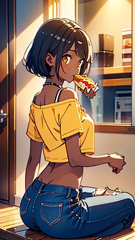 masterpiece, best quality, dark skin, short hair, yellow eyes, black hair, beautiful girl, thin, full body, tall girl, ((casual red male clothes)), ((kawaii)), ((cute)), plan boobs, short boobs, small , ((short chest)), ((big butt)), ((wide thigh)), front view, eating snacks, sitting in home