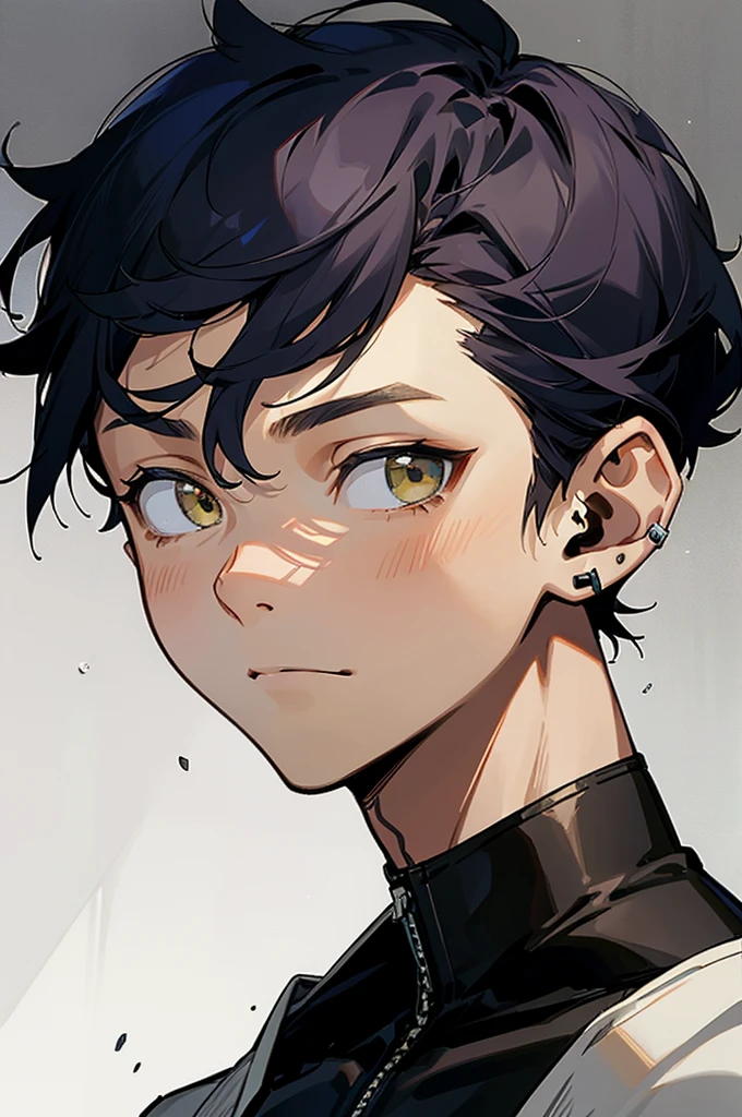 portrait,black age male's face with short hair,no smile,anime style,earring,short hair,subtle lighting,neutral expression