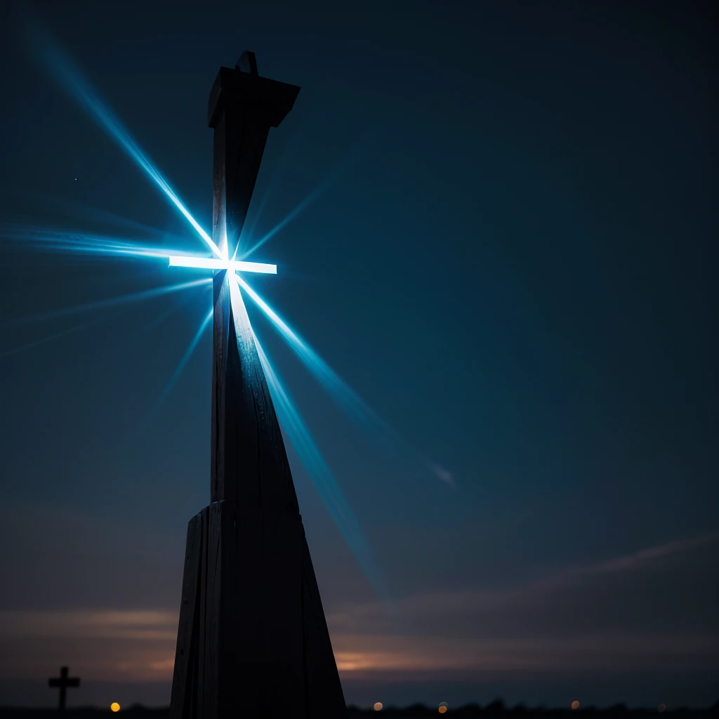 Create an image of a black cross in the center, with a background of radiant blue light emanating from behind the cross. The light should be bright and create a halo effect around the cross, making it stand out against the dark background.