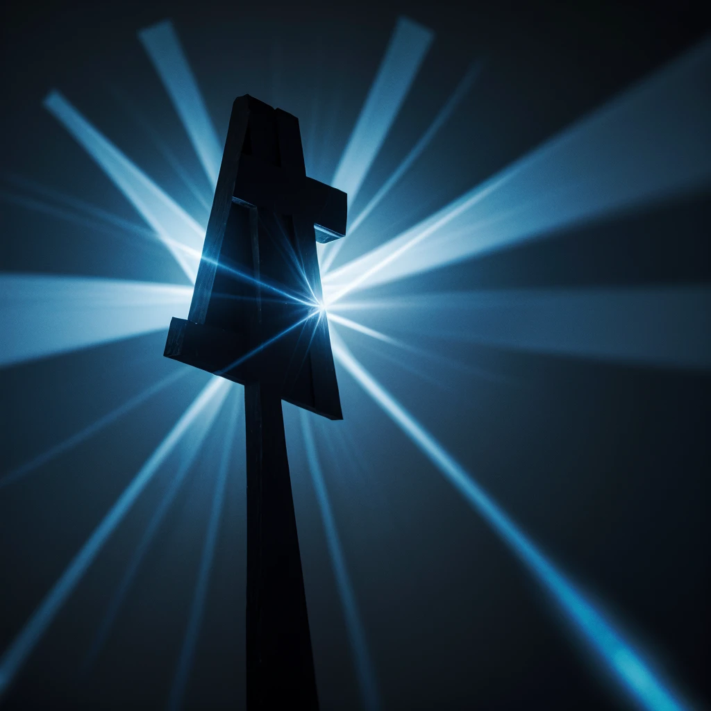 Create an image of a black cross in the center, with a background of radiant blue light emanating from behind the cross. The light should be bright and create a halo effect around the cross, making it stand out against the dark background.