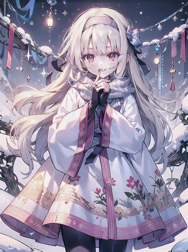 Uhd, absurdres, 5k, masterpiece, best quality, 1girl, sitonai, platinum blonde hair, long straight hair, red eye color, red irises, ainu clothes, skirt, long sleeves, fingerless gloves, five fingers, wide sleeves, black leggings, blush, light smile, outside, playing in the snow, winter