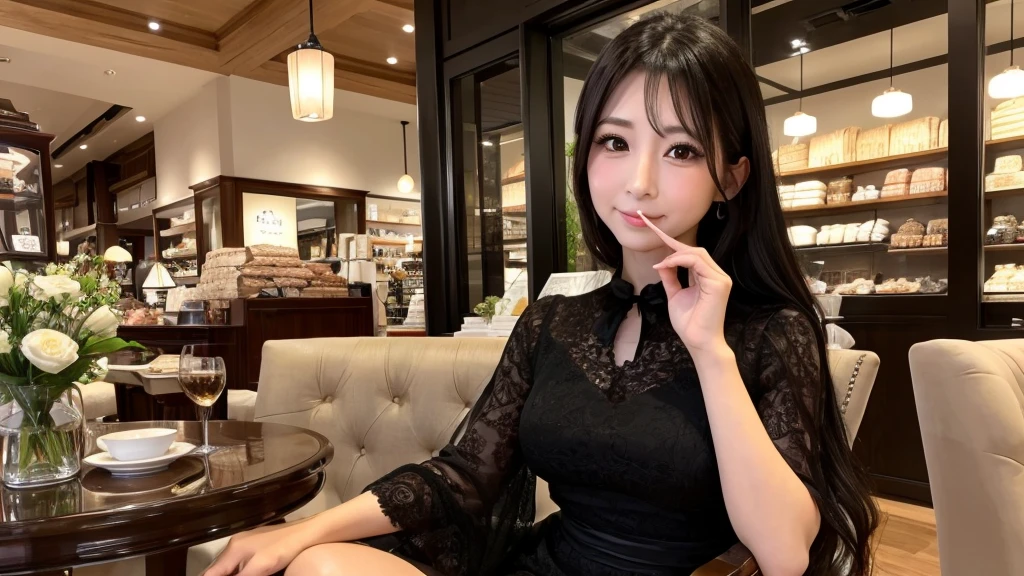 ・Makicho hostess ・Big black eyes and long eyelashes、Small nose and mouth、Plump cheeks ・Luxurious dress ・Serving customers while sitting on a chair ・Luxurious atmosphere inside the store