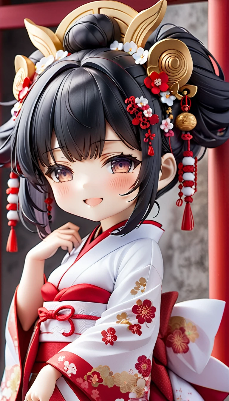 (nendoroid:2) (Japanese June Bride style) ( yo, solo) ((blunt bangs, oiran hair)) (black hair long hair sexy shrine maiden girl, sexy closed eyes, love smile) ((beautiful make up)) (in a sexy japanese bride A silk:1.3 White wedding kimono), (in the divine Dazaifu Tenmangu Shrine), BREAK, perfect anatomy, masterpiece, best quality, 16k, beautiful detailed grow, daydreaming expression.