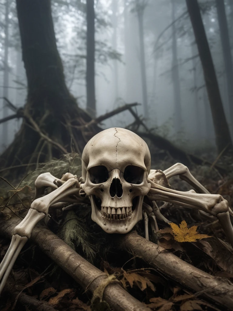 award winning photograph of a old broken pile of bones, yellowed with time, with a black ooze coming from inside the broken bones connected by spiderwebs made of ais-cbwbs, on top of the pile of bones lies a single grinning scull with glowing eyes, in a old creepy forest covered in fog, magical, creepy, spooky, serene, fantasy art concept,  intricate details, best quality, masterpiece, ultra shartp, hyper realistic, realism  