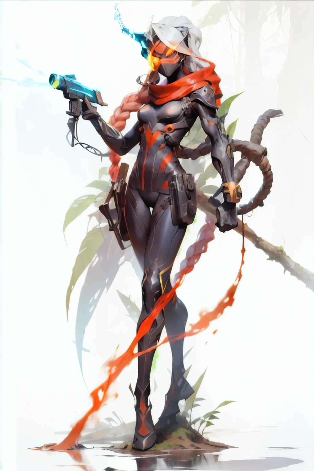 photo of , callidus, ((solo:1.3)), mask, braid, glowing eye, fully covered face,  black bodysuit, gun, skin-tight face mask,standing on top of tree, one knee by massive tree, lush jungle, dense jungle, rain forest, dark ambiance, night time, 