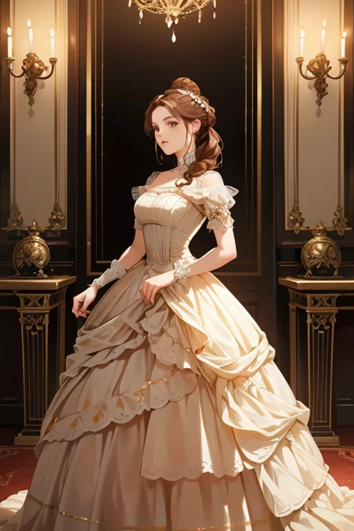 Beautiful aristocratic woman of victorian era, Europe in the 18th century, reddish brown hair，Exquisite high bun braid hairstyle, curls, elegant ballroom dress, Standing in the luxurious banquet hall, Delicate and meticulous, 8K, Reality, Dramatic Lighting, high quality, Complex design, classical portrait
