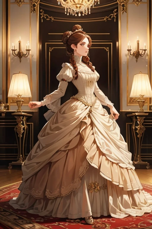 Beautiful aristocratic woman of victorian era, Europe in the 18th century, reddish brown hair,Exquisite high bun braid hairstyle, curls, elegant ballroom dress, Standing in the luxurious banquet hall, Delicate and meticulous, 8K, Reality, Dramatic Lighting, high quality, Complex design, classical portrait
