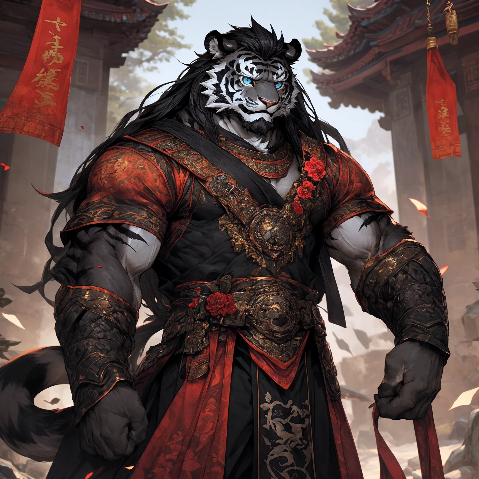 (黑色tiger),(黑色General战袍),Holding a sword,Powerful gesture,Stand confidently and proudly,(边塞Great Wall与沙漠戈壁为背景:1.2.Great Wall),abdominal muscles,Heroic Stance飒爽,完美的masterpiece,Various facial details,Long-term perspective,specific description,masterpiece,CG,(Light blue eyes),Light black pattern,Black tail,General,Heroic Stance,tiger,Black fur,Specific facial details,Half Body,(黑炭General战履),(Chang Ling),((middle aged)),(Face Focus),(16K),HD,Red and white belly,temple,beard,(Face line),Different students,(Black shirt),(Light black hair),Strong,muscle,(high resolution:1.3),Chinese style general holding a long sword,Looking into the distance