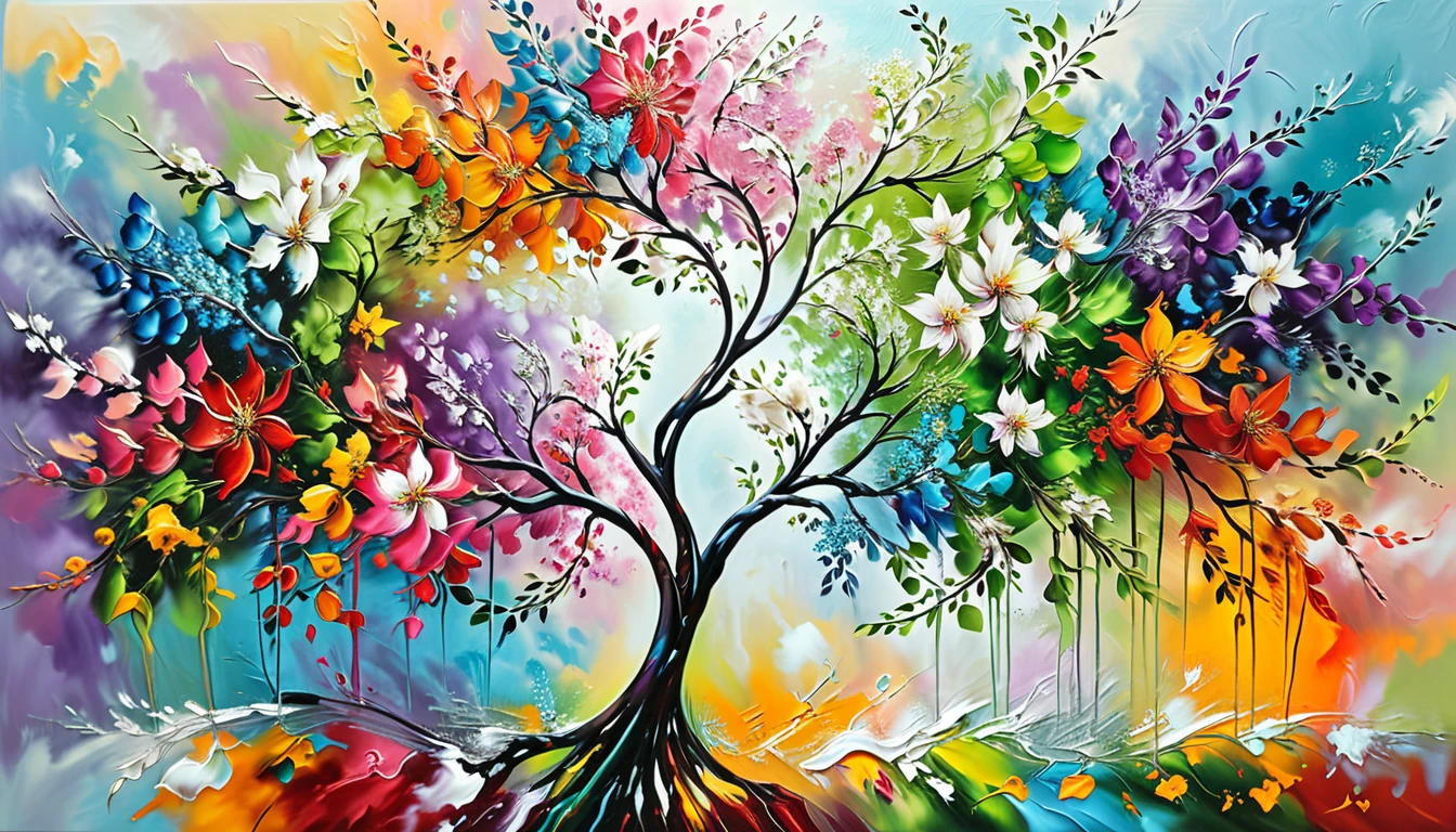 Abstract Flower Tree Oil Painting on Large Canvas Wall Art, Colorful Wall Art