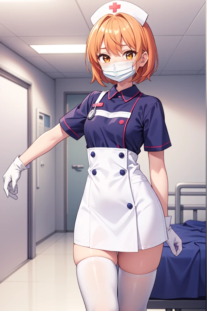 1girl, solo, nurse, nurse cap, white nurse uniform, ((white legwear, zettai ryouiki)), white gloves, very short hair, orange hair, ((white surgical mask, covered nose)), standing, ((hospital room)), sharp outline, short sleeves, tomboy, boyish, best quality, masterpiece