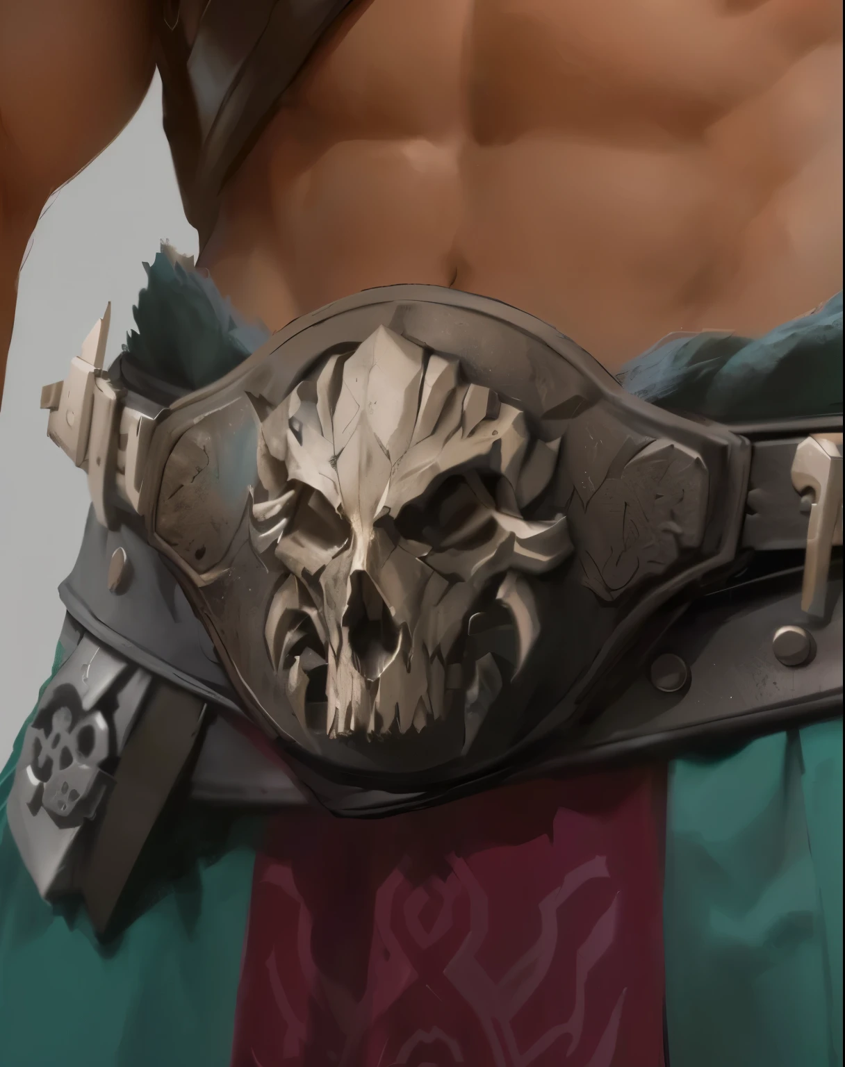 There was a man with a belt and a skull belt, Game concept art, As seen on artstation, hand painted textures on model, huge belt, 以Game concept art形式进行绘制, author:Tadeusz Pruszkowski, Senior Concept Artist, Dota 2 concept art, Detailed concept art, Illustration Concept Art, Drawing in Zrush, Big belt