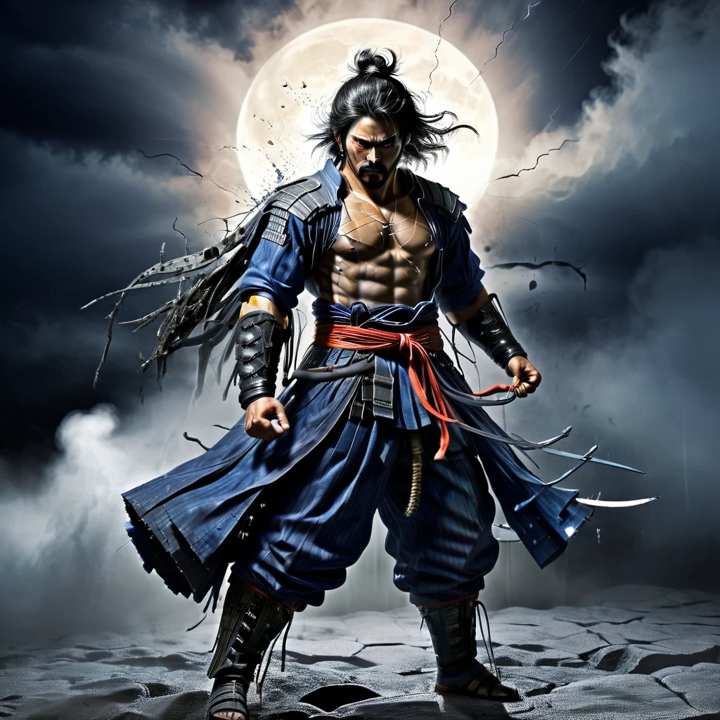 metal suited, samurai warrior, iconic samurai fight stance, dark moon, lightning and thunder, fog misty, highly detailed, 8k, photo realistic, masterpiece