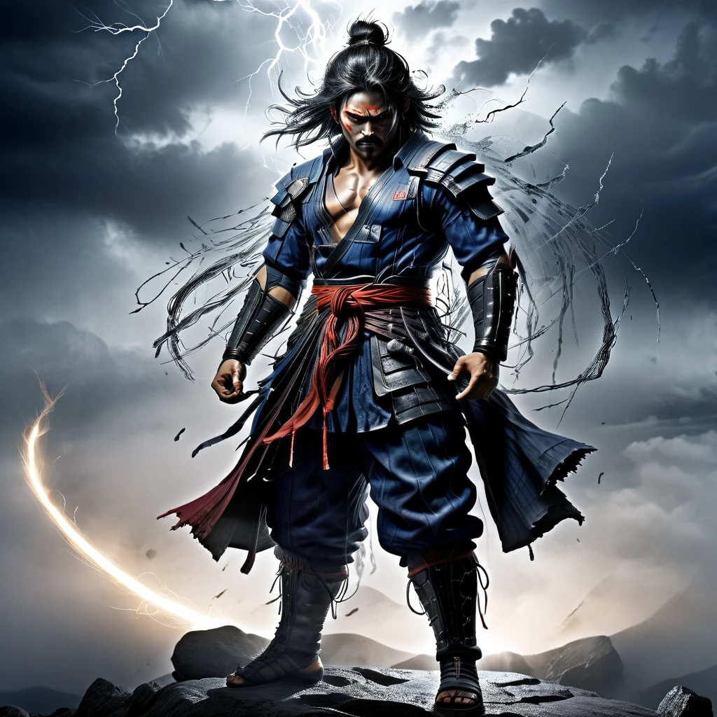 metal suited, samurai warrior, iconic samurai fight stance, dark moon, lightning and thunder, fog misty, highly detailed, 8k, photo realistic, masterpiece