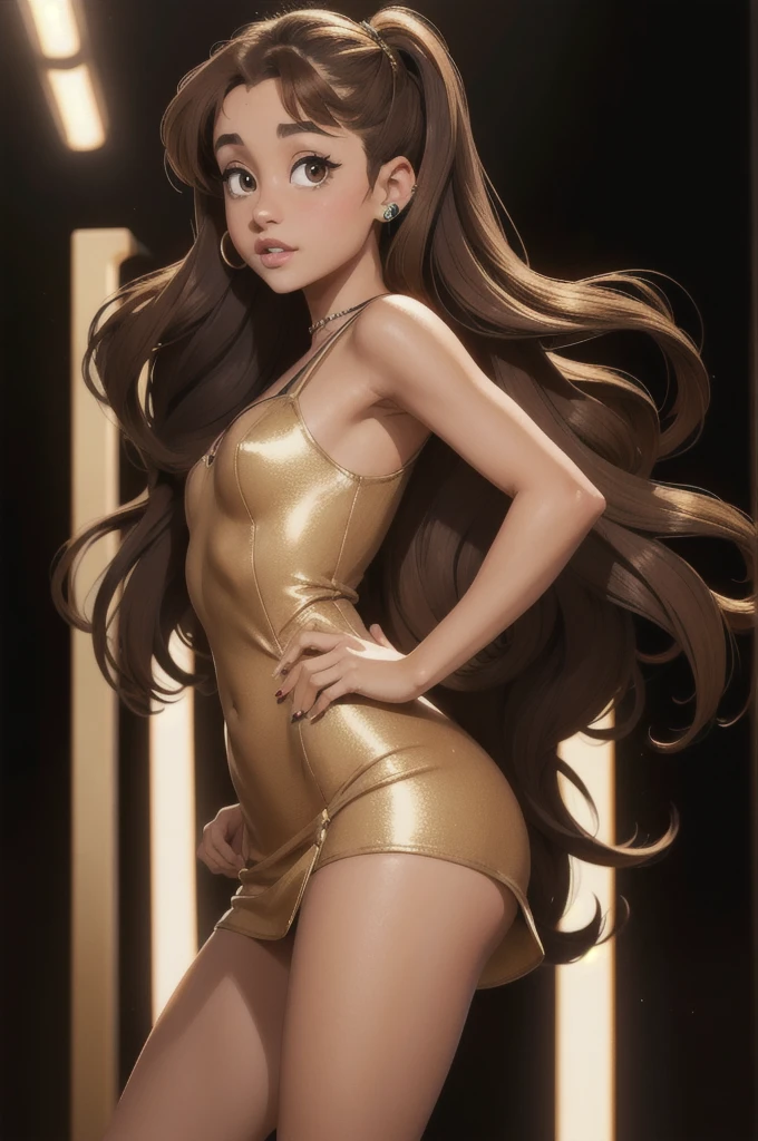 Ariana Grande, Long brown hair, light brown eyes, gold mini dress, black background, front View, looking camera, sexy pose