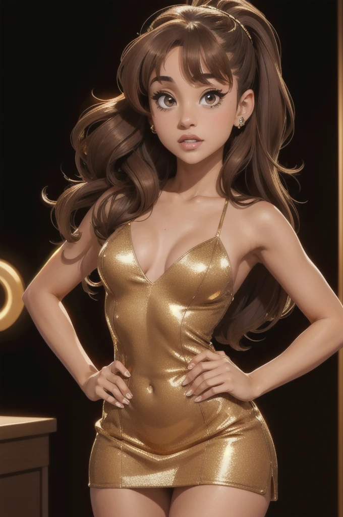 Ariana Grande, Long brown hair, light brown eyes, gold mini dress, black background, front View, looking camera, y pose