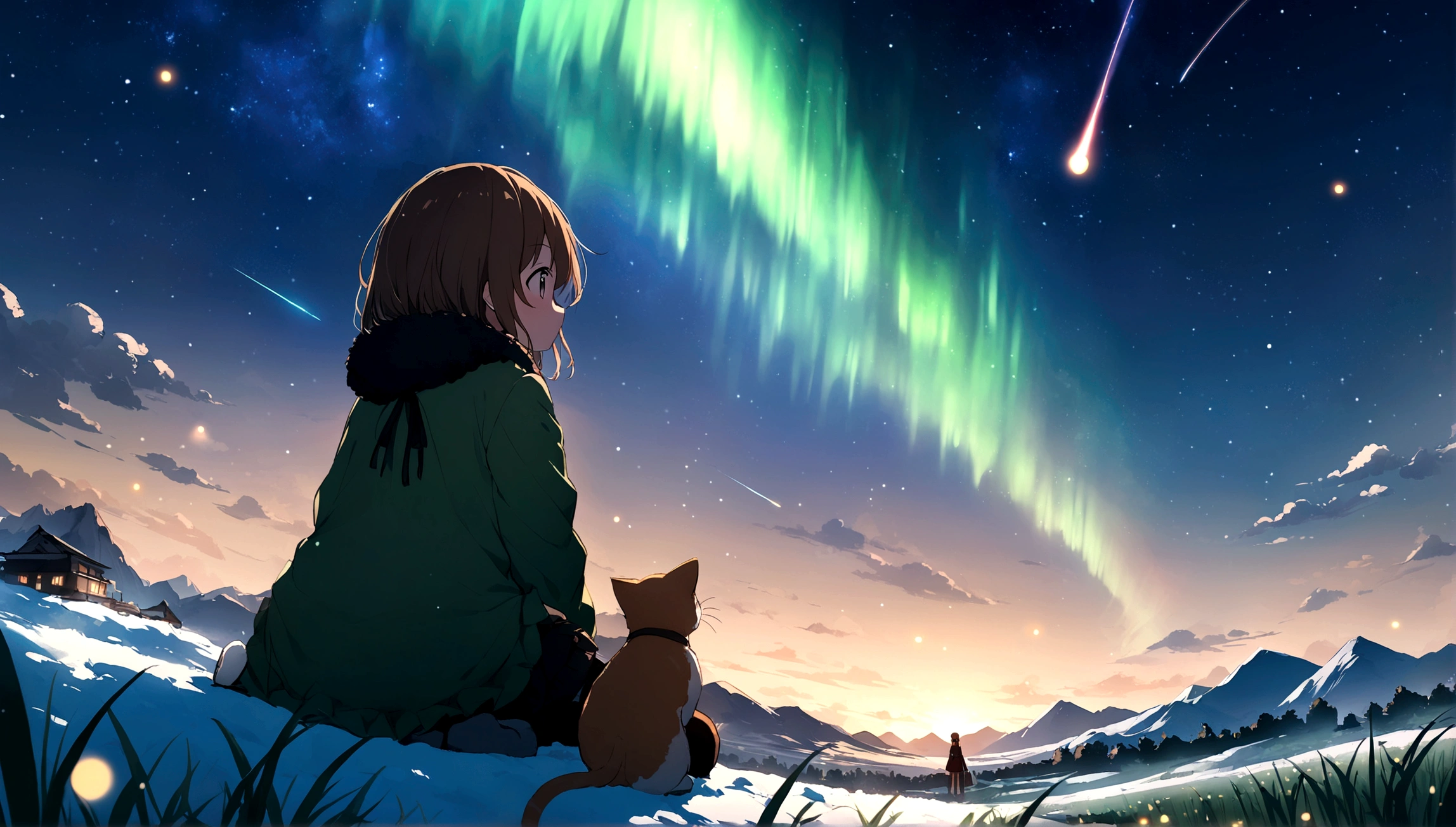 City of night、The sky is wonderful、meteor、3 year old sitting on top of a building、Brown Hair、Back view、The city is bright with streetlights、Landscape Main、Highest quality、Anime Scenery、Xin Haichen、building、Field、Milky Way 110207, distant 3 year old staring at
the performer,(Zoom out:1.1),(meteor:1.2)、(comet:1.1,yourname、Low Angle、From behind、Aurora、shooting star、snow、Cat、Standing in the Field、Highest quality、masterpiece、cloud、colorful、Starry Sky、performer、