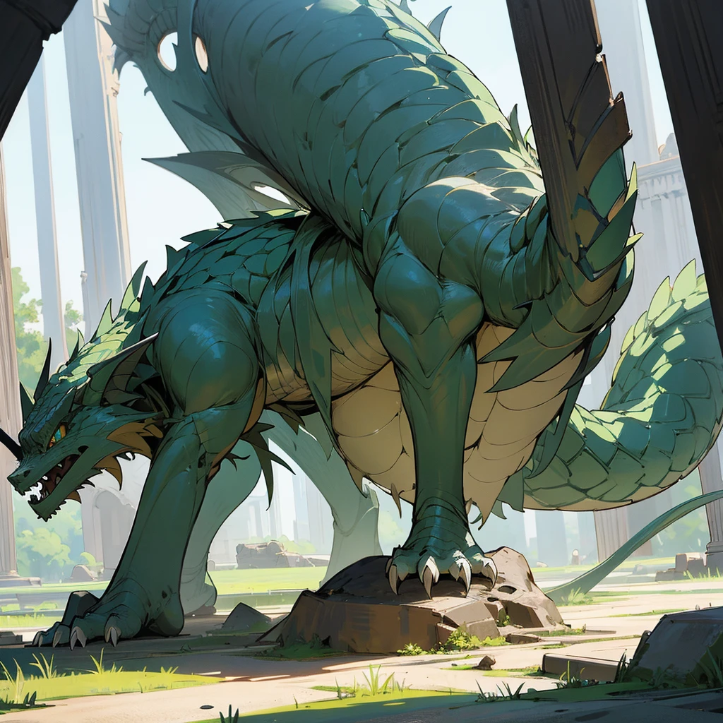 Magestic Statue made of Dragon Scale Calcite, ruins, under the surface, female, Dragon