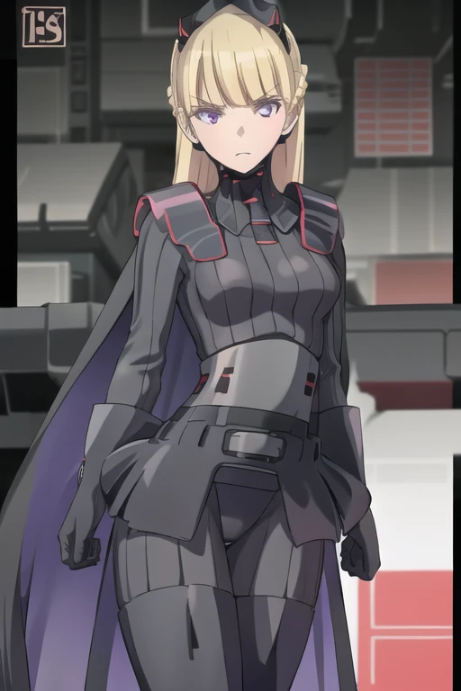 AmSW,long hair,blonde hair,black gloves,purple eyes,black hairband,cape,black bodysuit,medium breasts,braid,blunt bangs, city, behind pov