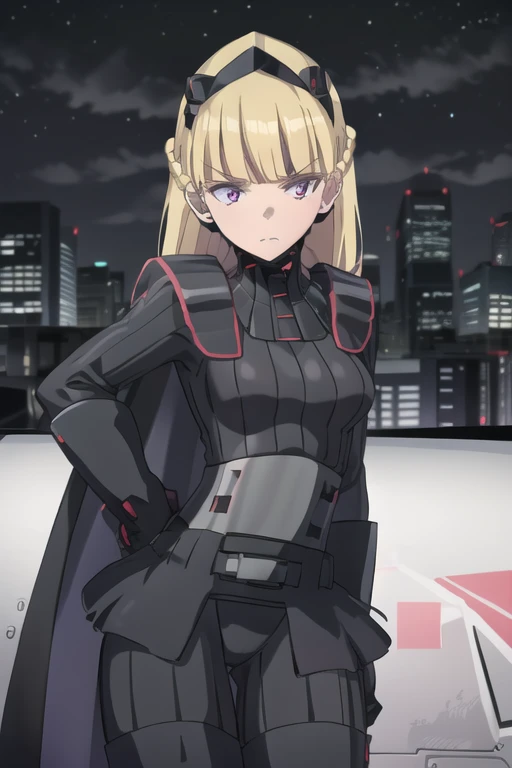 AmSW,long hair,blonde hair,black gloves,purple eyes,black hairband,cape,black bodysuit,medium breasts,braid,blunt bangs, city, behind pov