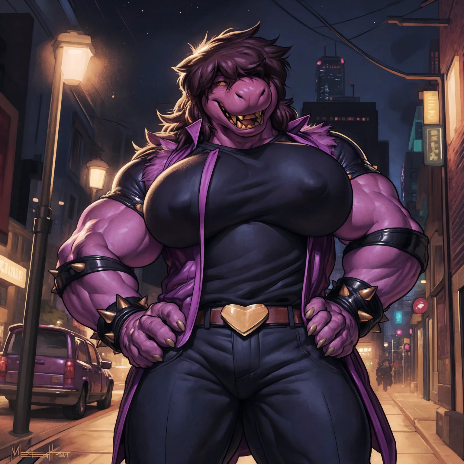 solo, 1girl, susie, susie deltarune, female, huge breasts, hands on hips, late night, street light, standing upright, laughing, looking at viewer, by darkgem, by meesh, by wfa