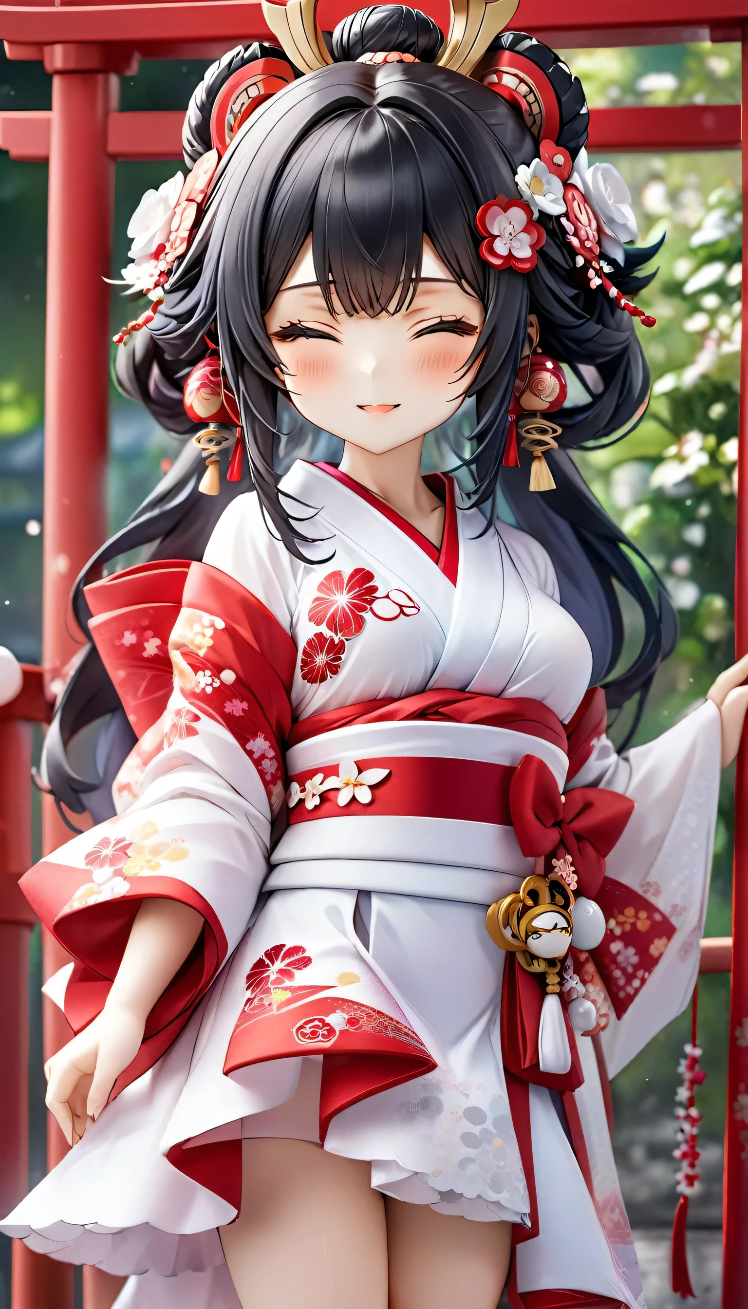 (nendoroid:2) (Japanese June Bride style) ( yo, solo) ((blunt bangs, oiran hair)) (black hair long hair sexy shrine maiden girl, sexy closed eyes, love smile) ((beautiful make up)) (in a sexy japanese bride A silk:1.3 White wedding kimono), (in the divine Dazaifu Tenmangu Shrine), BREAK, perfect anatomy, masterpiece, best quality, 16k, beautiful detailed grow, daydreaming expression.