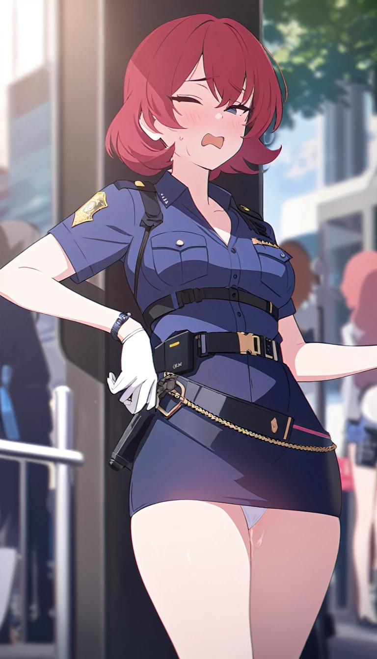 High quality, red hair, short hair, Cocky appearance, female police officer, sexy outfit, Not wearing underwear, short skirt, Slut, in public, 4k
