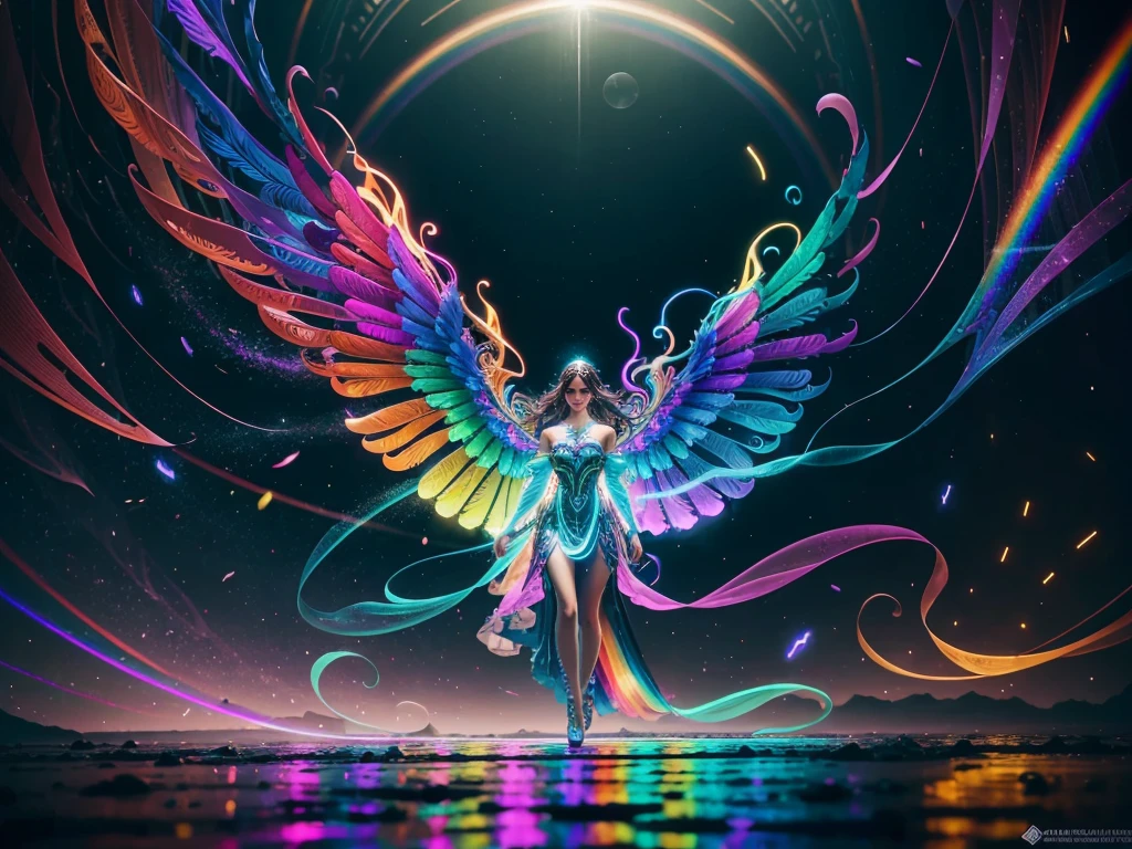 (Full body shot), an extremely detailed photorealistic photograph of a very beautiful Caucasian Woman With Dark Hair And Rainbow Plasma Wings, Gorgeous Ethereal Rainbow Glowing Presence Of Absolution And Fantastical Force Floating In Her Hands, Channeling Through Her All Around Her Physically Manifesting Life. Magnificent Masterpiece, Limitless, Vivid Lighting, Vibrant Bioluminescent Colors Of Love And Light, Floating Particles Of Every Size, Whimsical, Hyper-Imaginative Cybernetic Energies. UHD 8K, DOF, Hyperrealism, Best Quality, Intricately Detailed, visually rich, emotionally confident, detailed environment, fantastical, imaginative, atmospheric, vibrant lighting, uhd, high resolution, 8k, photorealistic, intricate masterpiece, best quality, best detail, Fujifilm XT4