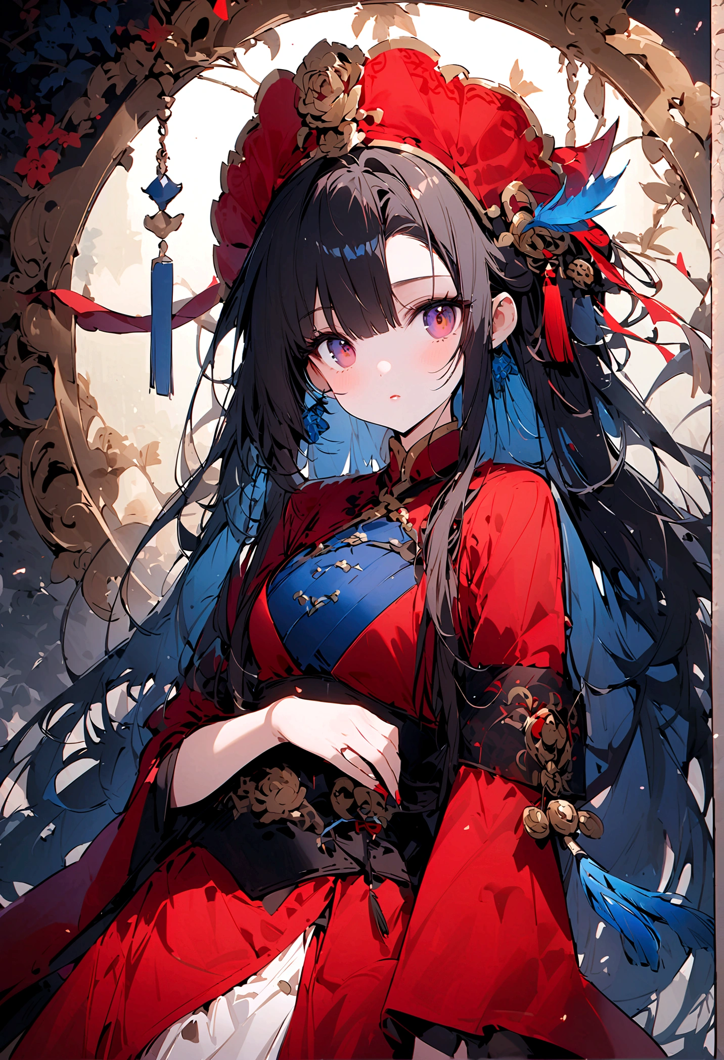 Bela mulher realista 眼睛下方有两条黑色和红色of细条纹, Decorated with red, 黄色of, and a blue feather headdress, 逼真of椭圆形图, of Eyes, full image, 一种现实of美, 身着令人惊艳of服装, 眼睛下方有两条黑色和红色of细条纹. Wears a red headdress, of, and a blue feather headdress, 营造出迷人of气场. She boasts an 逼真of椭圆形图, with Expressive of Eyes that tell a story. 这幅图是一幅完美而纯粹of美of肖像画。.

(J