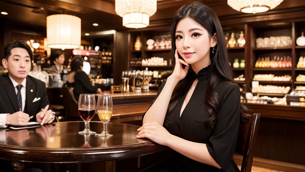 ・A hostess in a Kabukicho club ・Wearing a gorgeous dress ・Serving customers while sitting on a chair ・A luxurious atmosphere inside the store ・Large black eyes and long eyelashes、Small nose and mouth、Plump Cheeks
