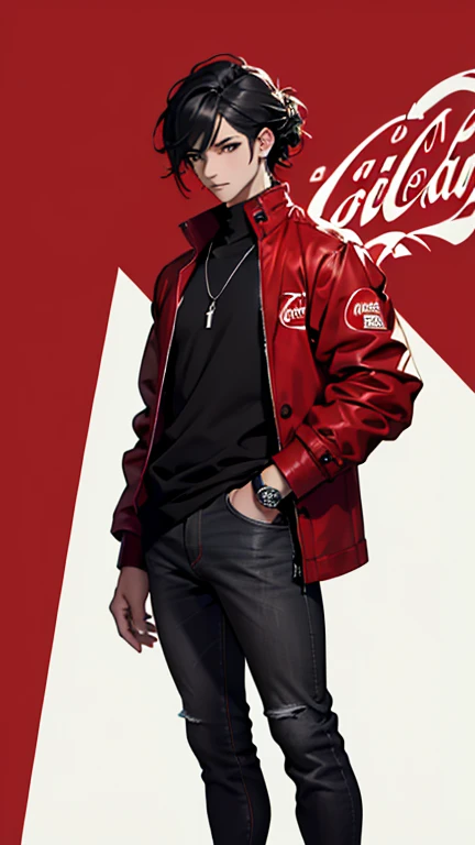 No logo use、Hairstyle: Black hair, black eyes、Stylish contemporary hairstyle、The outfit is casual and stylish, with red and white colors.、Red jacket or coat、White shirt or underwear、Jeans or black pants、Accessories、Something reminiscent of Coca-Cola、Pendants and bracelets、A lively and refreshing impression、Do not use the Coca-Cola logo、