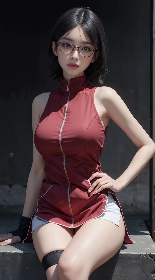 Masterpiece, (hd,8k), anime screenshots, 1 girl, solo, (big breasts: 1.2), black hair, short hair, black eyes, skinny, cowgirl shot, sit down, forehead protector, grin, (dress: 1.1), (white shorts: 0.8), black thighs, thigh holsters , arm warmers, bare shoulders, looking at the audience, outdoors, hips, red rimmed glasses, glasses, head tilted, hip curtains, facing the audience, hands on hips, zipper, shiny hair, (close up), red shirt:1.2 ,Young slim girl black hair short scar on the nose tomboy blue eyes shadow black lipstick erotica sexy clothes bare breasts. Straight prosthesis. Sexual organ. solo. The girl is one. teacher, eyeglasses, school gym ,4K delicate facial features, 18 year old girl, Uchiha Sarada, anime character transformed into a realistic character, with detailed, beautiful and cute face, red filtered eyes, black hair, short hairstyle, bangs sweeping to the left, wearing a ninja head tie from konoha , expression
thin sweet smile, thin cheeks, sharp chin, red glasses, tentom shirt design, livis shorts, perfect model, large/medium breasts, free style, high resolution, detailed illustrations, very realistic background, white glowing skin, very detailed face perfect