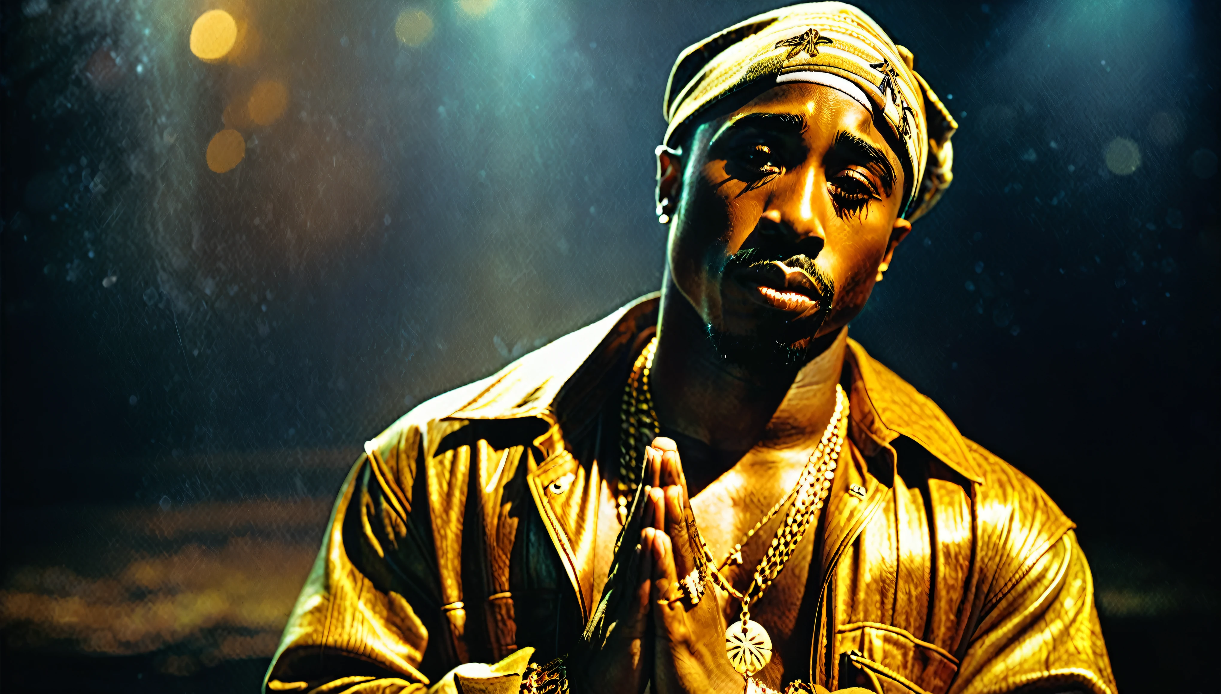1970s photo of "2Pac" wearing 1970s attire, he is praying, atmospheric perspective, textured skin, cinematic action,