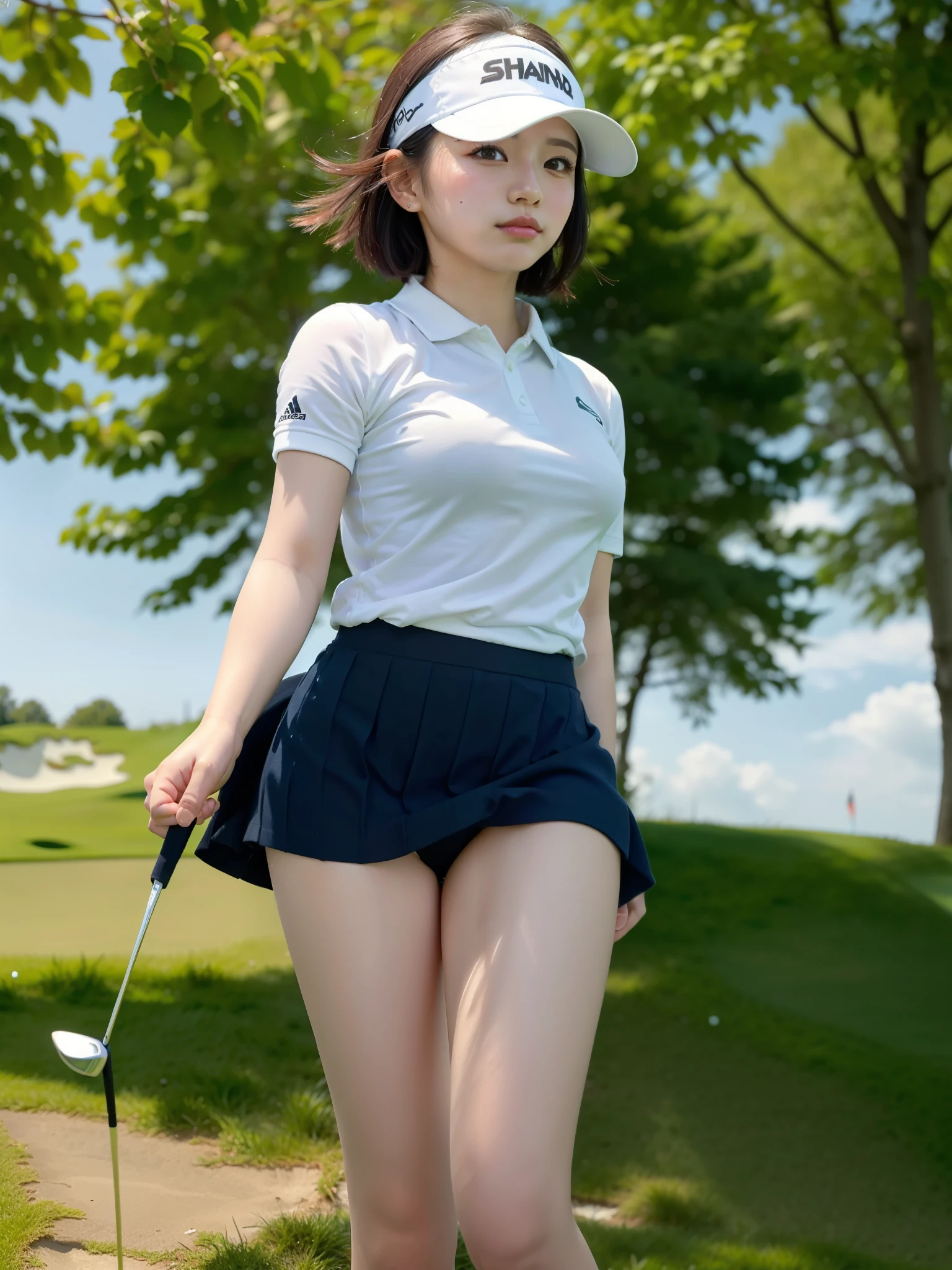 ((Best of the highest quality, 8k, Masterpiece, raw photo: 1.2)), (Sharp focus: 1.2), (1 AESPA, slim body type female, 21 y/o: 1.1), (Solo: 1.28), (realistic, photo-realistic:1.37), face focus, cute face, finely eyes, (droopy eyes: 1.32), (Emphasize prominent aegyo-sal with bright: 1.2), shimmering eyeshadow applied under the lower lash line, paired with thick, (small breasts, flat chest, Thigh: 1.3), (short bob: 1.28), (golf wear, skirt, sun visor: 1.32), walking Golf course, sun light, (skirt is rolled up by the wind, from below: 1.1)