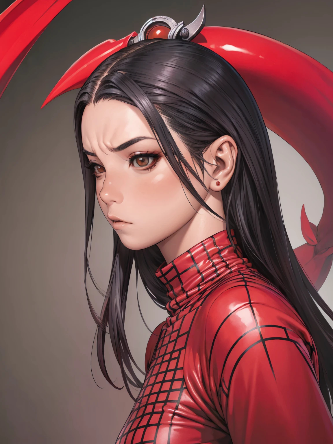 (((red checkered pattern, branco e preto))), (((cabelo curto loiro))), The most powerful girl on the planet with an aggressive evil dragon outfit, arms with scale textures, Agilidade, pose de lutadora, expression of hatred on the face, melhor qualidade, high resolution, action pose, corpo inteiro
