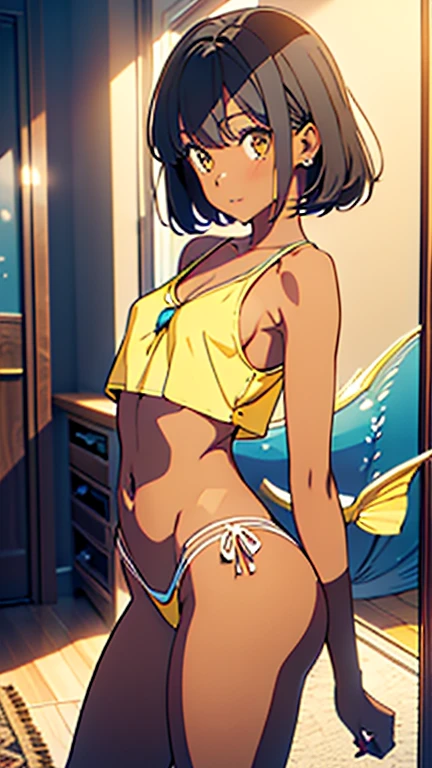 masterpiece, best quality, dark skin, short hair, yellow eyes, black hair, beautiful girl, thin, full body, tall girl, ((kawaii)), ((cute)), plan boobs, short boobs, small boobs, ((short chest)), ((big butt)), ((wide thigh)), front view, wearing a mermaid cosplay