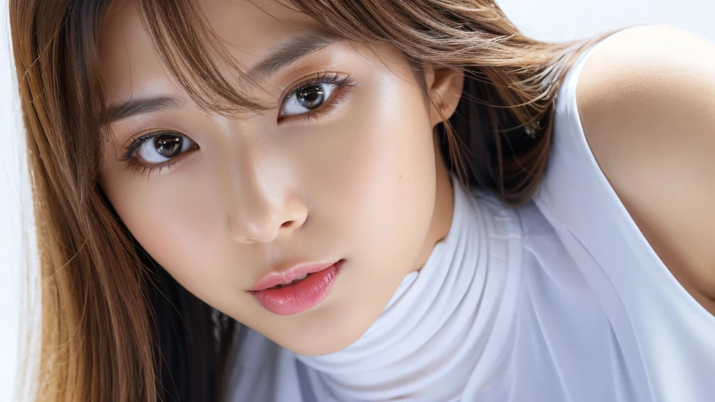 (detailed face),VIVID,normal breasts,pretty,sleeveless and turtle neck white silky clothes,4k ,super high resolution ,(photo-realistic: 1.7),white background,long hair,