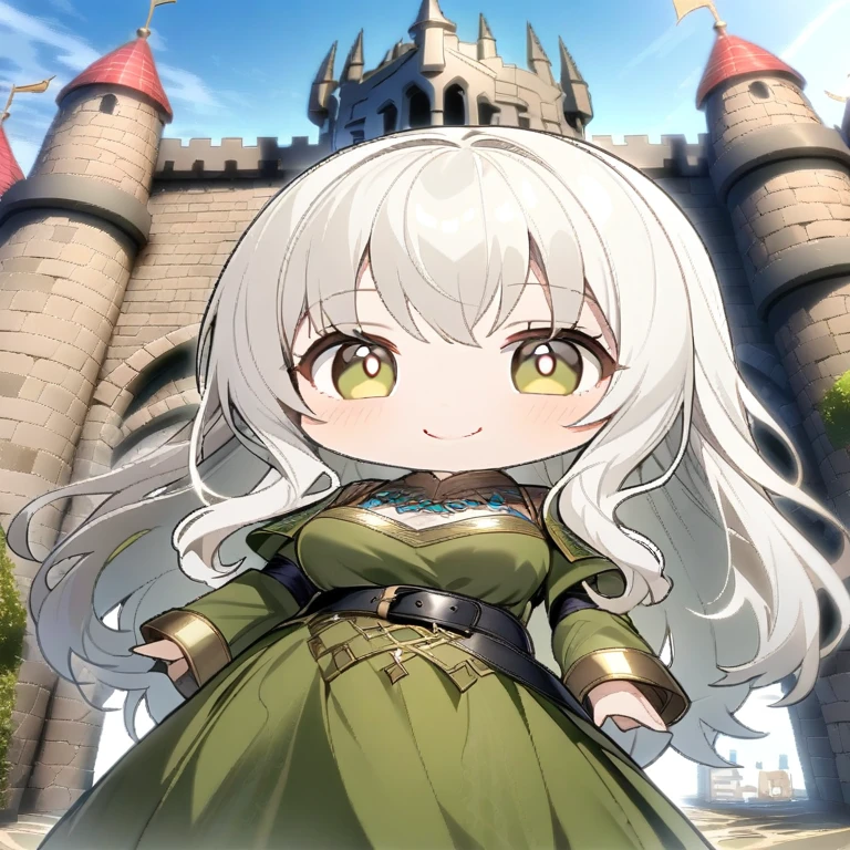 {{upper body, dutch angle}} {{Artist: Kamepan44321}} 1girl, mature female, white hair, longhair, hazel eyes, medium breasts, smiling green dress, black belt with gold, standing, hands on sides, pov, no background, chibi, solo, no humans, png