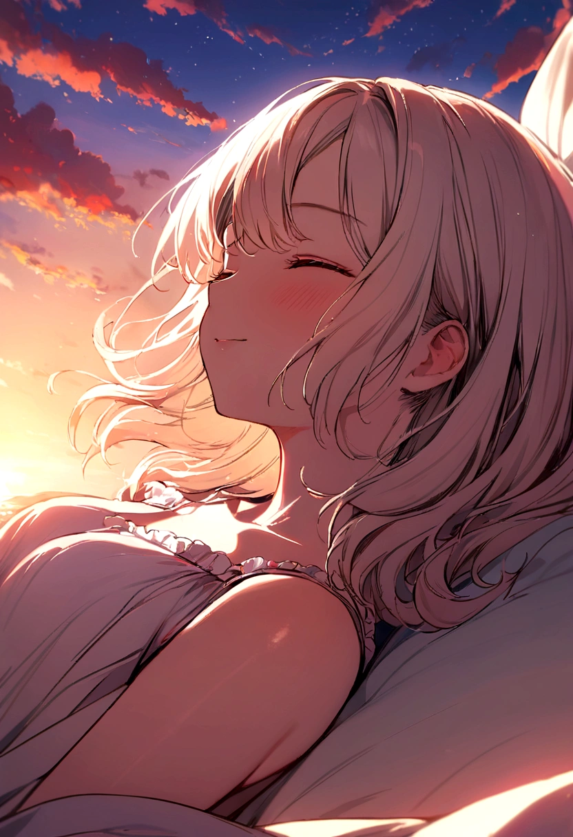 masterpiece, Highest quality, Movie Steel, 1 Female, Cloud Girl, Floating in the sky, close, Luminance, happiness, Warm and soft lighting, sunset, Sleep, うつ伏せでsleep, sleep, close your eyes. (spark:0.7)