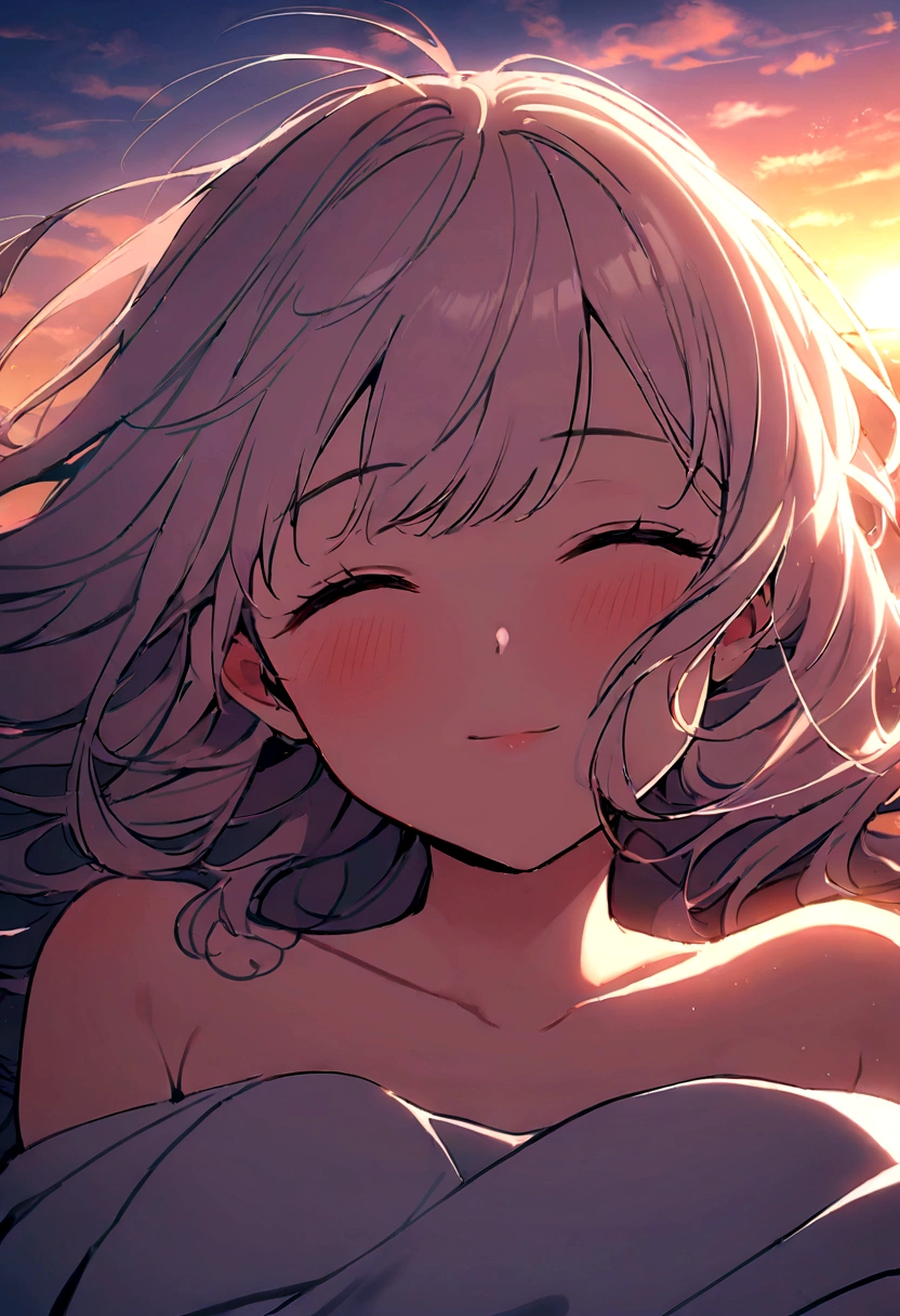 masterpiece, Highest quality, Movie Steel, 1 Female, Cloud Girl, Floating in the sky, close, Luminance, happiness, Warm and soft lighting, sunset, Sleep, うつ伏せでsleep, sleep, close your eyes. (spark:0.7)