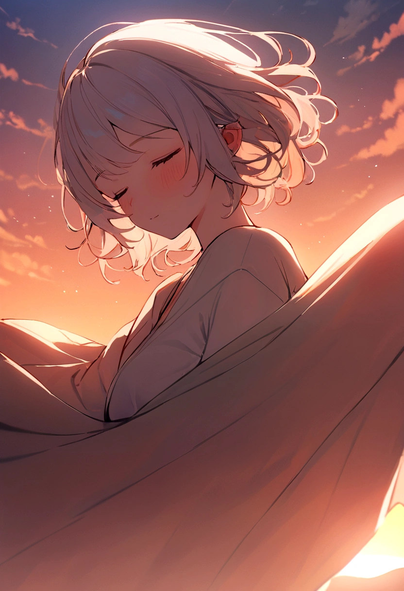 masterpiece, Highest quality, Movie Steel, 1 Female, Cloud Girl, Floating in the sky, close, Luminance, happiness, Warm and soft lighting, sunset, Sleep, うつ伏せでsleep, sleep, close your eyes. (spark:0.7)