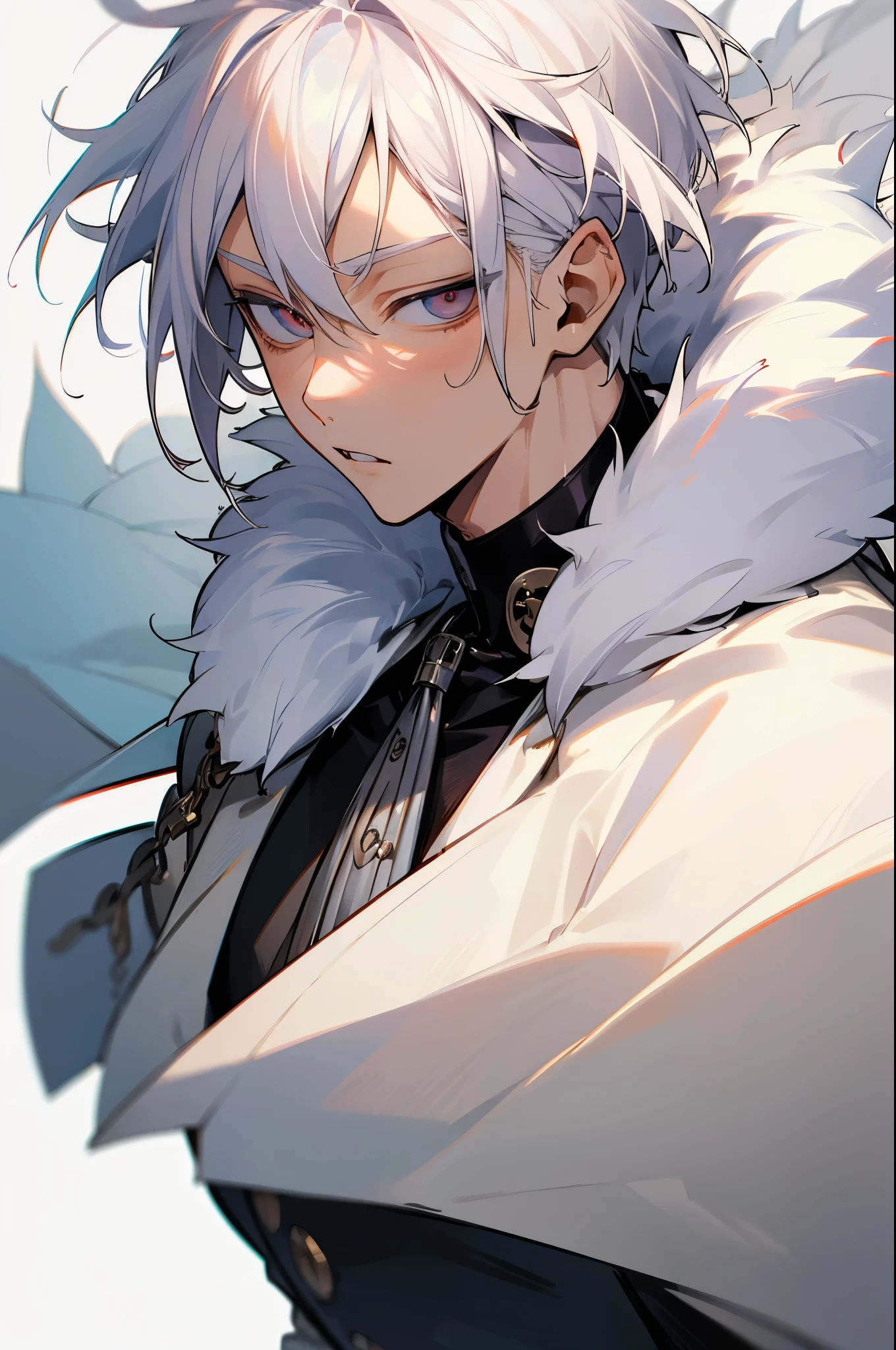 (masutepiece), (Best Quality), Highly detailed, 1 boy, Solo Focus,Perfect face, Beautiful face, extra detailed face,(white hair:1.3),yuki,kou,White breath,fur-coat