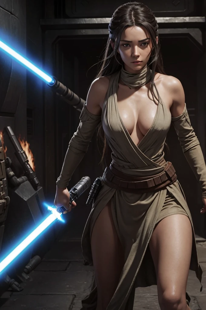 Beautiful Jedi. Eligent. Jedi bastila shan. Beautiful eyes and hair. Most beautiful Jedi ever. Massive breadt. breast On battlefield with a single lightsaber ignited. She is naked on the battlefield. No clothes on at all. She is destroying a battle droid