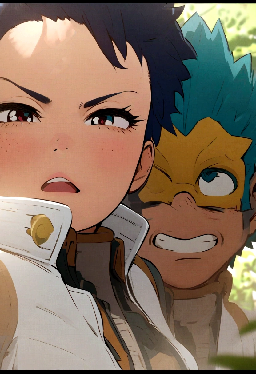 Captura de pantalla de my hero academy, a girl and a boy black and blue hair, ojos amarillos intensos, pecas en la cara, en un ambiente de un parque