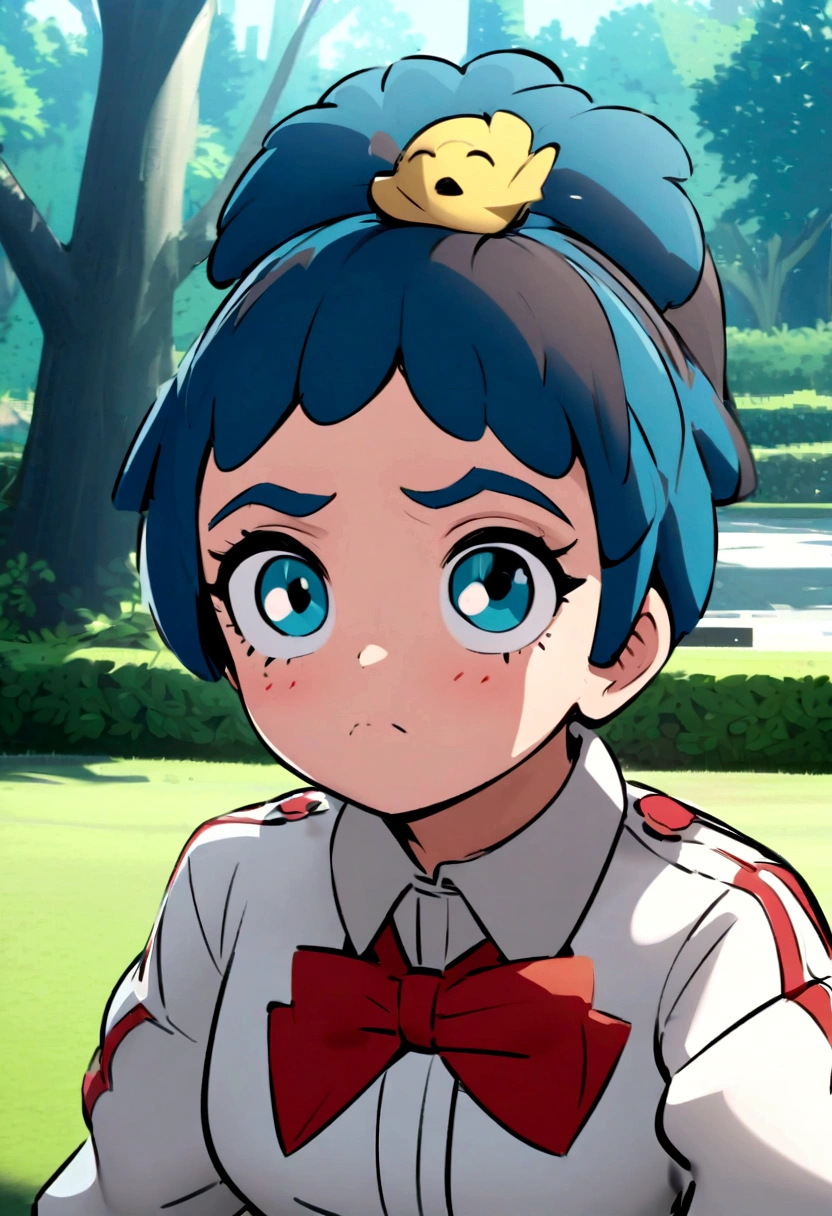 Captura de pantalla de my hero academy, a girl and a boy black and blue hair, ojos amarillos intensos, pecas en la cara, en un ambiente de un parque