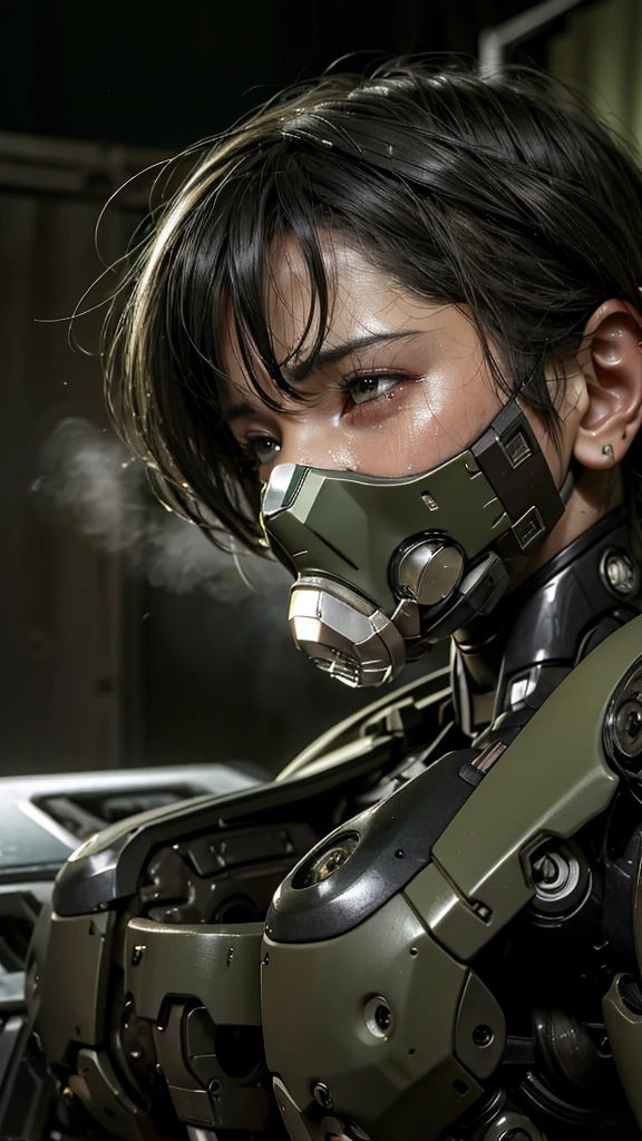 最high quality非常に詳細, Advanced Details, high quality, 最high quality, High resolution, 1080p, hard disk, beautiful,(War Machine),(Snug-fitting headgear),See the big picture,beautifulサイボーグ女性,Dark Green Mecha Cyborg Girl,Battle Mode,Mecha Body Girl 8k dark green body armor Middle-aged women Sweaty face Droopy eyes short hair Gas mask with extension nozzle boyish Steam coming out of my head My hair is wet with sweat Black Hair, Steam coming out of the mouth Lying in bed The skin under the face is not exposed Full body portrait I can see the vagina Sobbing Horror Front