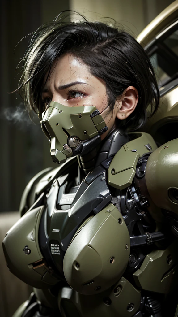 最high quality非常に詳細, Advanced Details, high quality, 最high quality, High resolution, 1080p, hard disk, beautiful,(War Machine),(Snug-fitting headgear),See the big picture,beautifulサイボーグ女性,Dark Green Mecha Cyborg Girl,Battle Mode,Mecha Body Girl　8k dark green body armor　Middle-aged women　Sweaty face　Droopy eyes　short hair　Gas mask with extension nozzle　boyish　Steam coming out of my head　My hair is wet with sweat　Black Hair, Steam coming out of the mouth　Lying in bed　The skin under the face is not exposed　Full body portrait　I can see the vagina　Sobbing　Horror Front