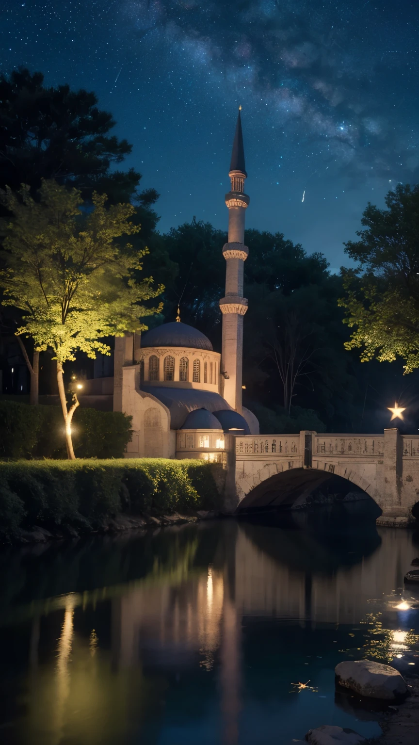mosque, beautiful, exterior, trees, sexy girl, river, night, (((stars in sky)))